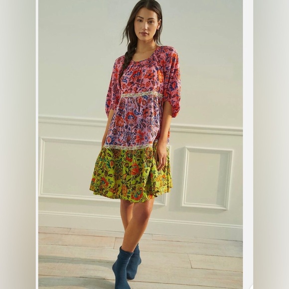 Anthropologie Dresses & Skirts - By Anthropologie Pink and Green Floral Tiered Mabel Dress Size Medium